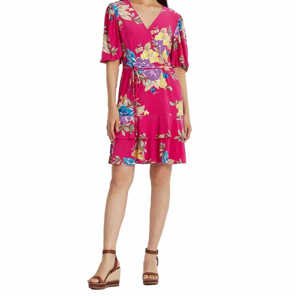 Lauren Ralph Lauren Black Label Pink Floral‎ Faux Wrap Valayna Dress Size:16